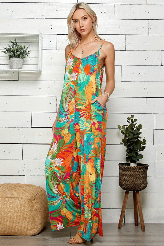 Plus Size Tropical Print Wide-leg Summer Jumpsuit