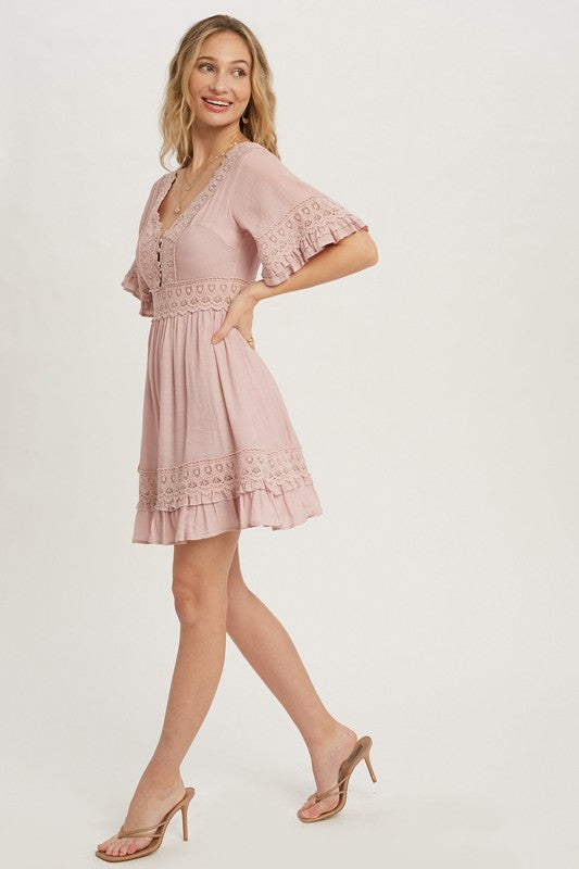 Pink V-neck Lace Trim Dress