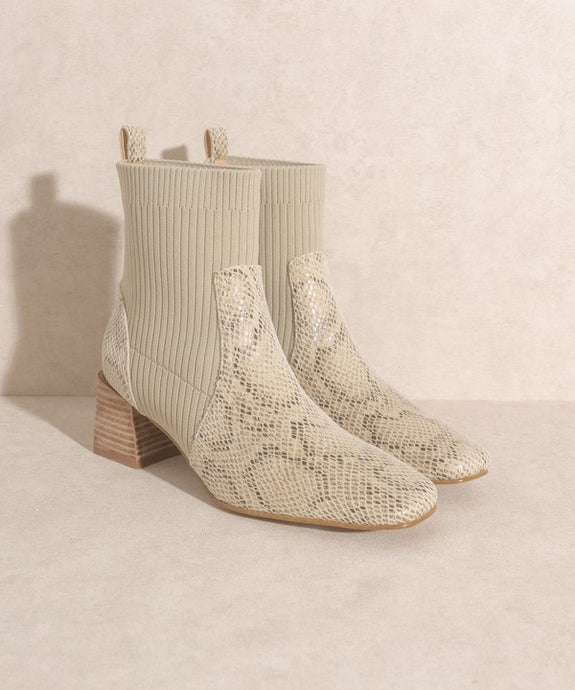 Stretch-top Faux Snakeskin Ankle Boots