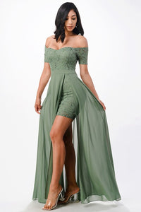 Green Off The Shoulder Sequin Lace And Chiffon Dress