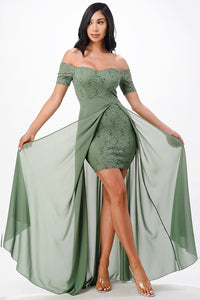 Green Off The Shoulder Sequin Lace And Chiffon Dress