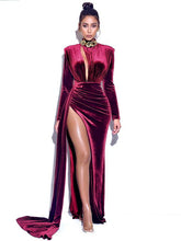 Burgundy Cutout High Slit Velvet Gown Evening Dresses