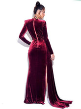 Burgundy Cutout High Slit Velvet Gown Evening Dresses