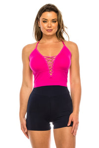 Fuchsia Seamless Ribbed Tank Top with Lace V Neck