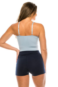 Light Blue Seamless Ribbed Tank Top with Lace V Neck