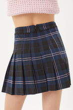 Navy Blue Plaid Print Pleated Skirt