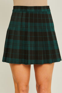 Green Plaid Print Pleated Skirt