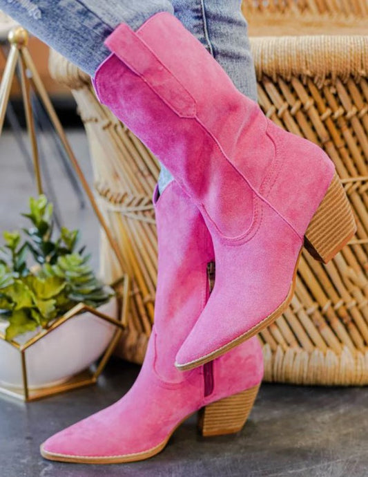 Fuchsia Women Pointed Toe Low Heel Cowboy Booties