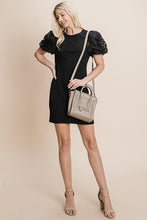 Black Puffed Contrast Flower Embroidered Sheath Dress
