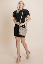 Black Puffed Contrast Flower Embroidered Sheath Dress