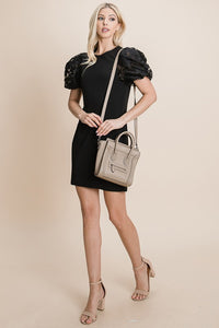 Black Puffed Contrast Flower Embroidered Sheath Dress