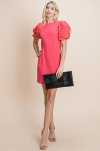 Coral Puffed Contrast Flower Embroidered Sheath Dress