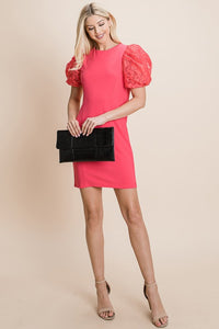Coral Puffed Contrast Flower Embroidered Sheath Dress