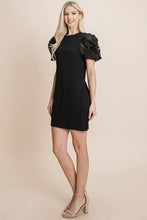 Black Puffed Contrast Flower Embroidered Sheath Dress