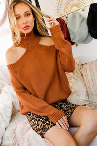 Mocha Cold Shoulder Fashionable Sweater Knit Top
