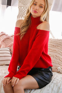 Red Cold Shoulder Fashionable Sweater Knit Top Regular price