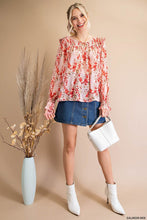 Salmon Mix Printed Smocked Long Sleeve Top
