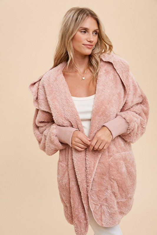 Mauve Faux fur So Soft plush hooded jacket with pockets