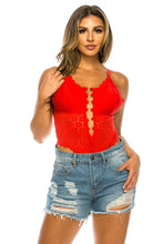 Red Floral Pattern Lace Bodysuit with Strap Detail