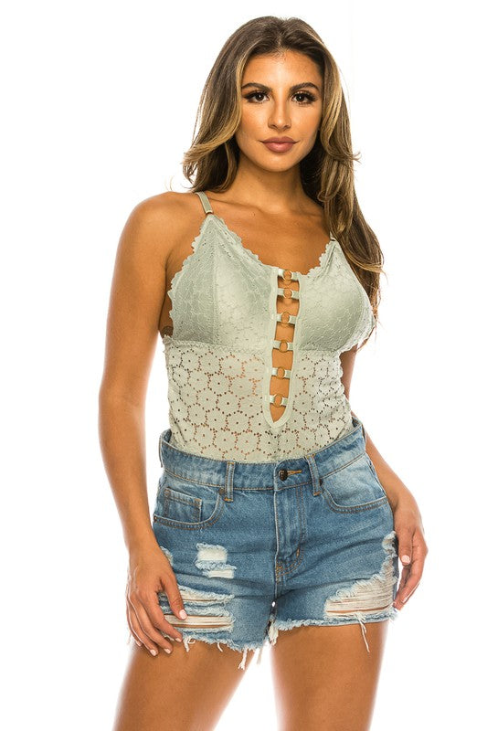 Mint Floral Pattern Lace Bodysuit with Strap Detail