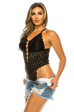 Black Floral Pattern Lace Bodysuit with Strap Detail
