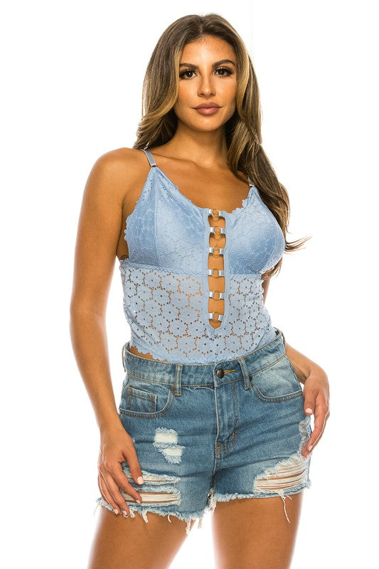 Light Blue Floral Pattern Lace Bodysuit with Strap Detail