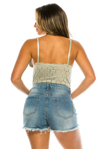 Mint Floral Pattern Lace Bodysuit with Strap Detail