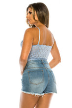 Light Blue Floral Pattern Lace Bodysuit with Strap Detail