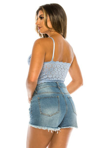Light Blue Floral Pattern Lace Bodysuit with Strap Detail