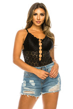 Black Floral Pattern Lace Bodysuit with Strap Detail