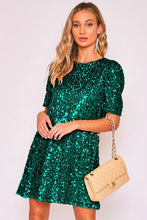 Hunter Green Round Neck Puff Shoulder Sequin Dress