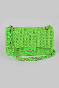 Green Faux Straw Shoulder Bag