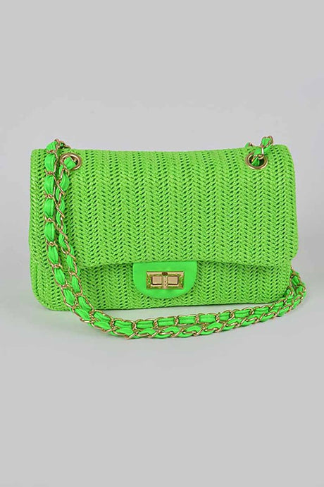 Green Faux Straw Shoulder Bag