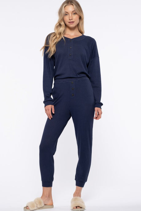 Navy Solid Waffle Knit Combo Set