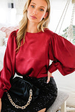 Burgundy Boat Neck Balloon Sleeves Satin Blouse