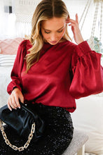 Burgundy Boat Neck Balloon Sleeves Satin Blouse