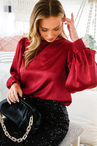 Burgundy Boat Neck Balloon Sleeves Satin Blouse