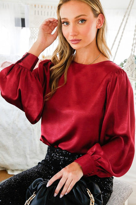 Burgundy Boat Neck Balloon Sleeves Satin Blouse
