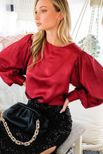 Burgundy Boat Neck Balloon Sleeves Satin Blouse