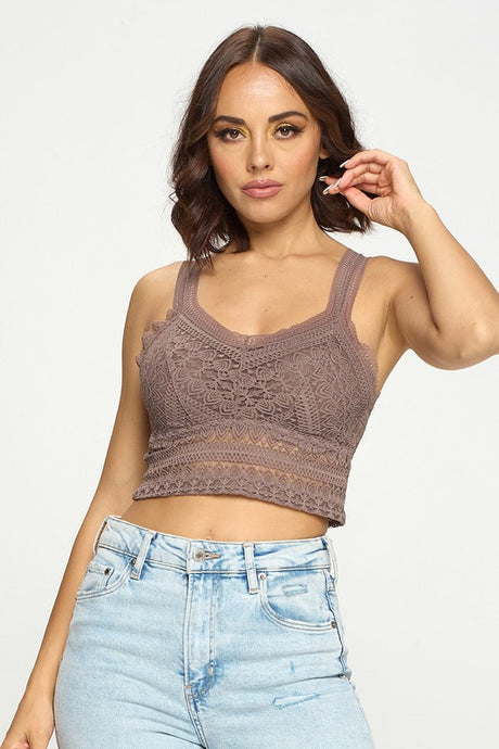 Brown Padded Lace Longline Bralette