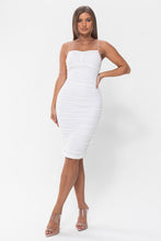 White Ruched Shirring Mesh Midi Dress