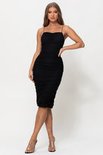 Black Ruched Shirring Mesh Midi Dress