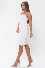 White Ruched Shirring Mesh Midi Dress