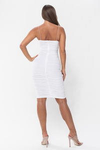 White Ruched Shirring Mesh Midi Dress