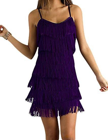 Dark Purple Color Women's Short All-over Fringe Flapper Dress