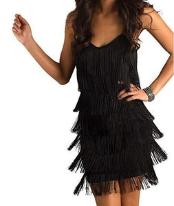 Black Color Women's Short All-over Fringe Flapper Dress