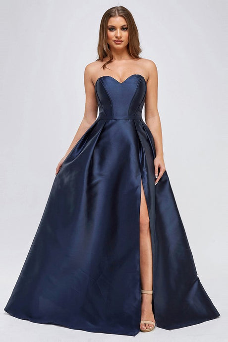 Dark Blue Ladies Strapless Taffeta Slit Maxi Dress