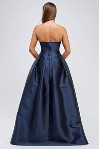 Dark Blue Ladies Strapless Taffeta Slit Maxi Dress