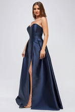 Dark Blue Ladies Strapless Taffeta Slit Maxi Dress