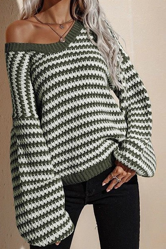 Green Multi Striped Long Sleeve Sweater